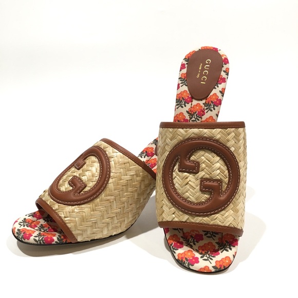 GUCCI INTERLOCKING G RAFFIA HEELED SLIDES -WOMEN’S US 8.5 -NEW - Picture 4 of 11